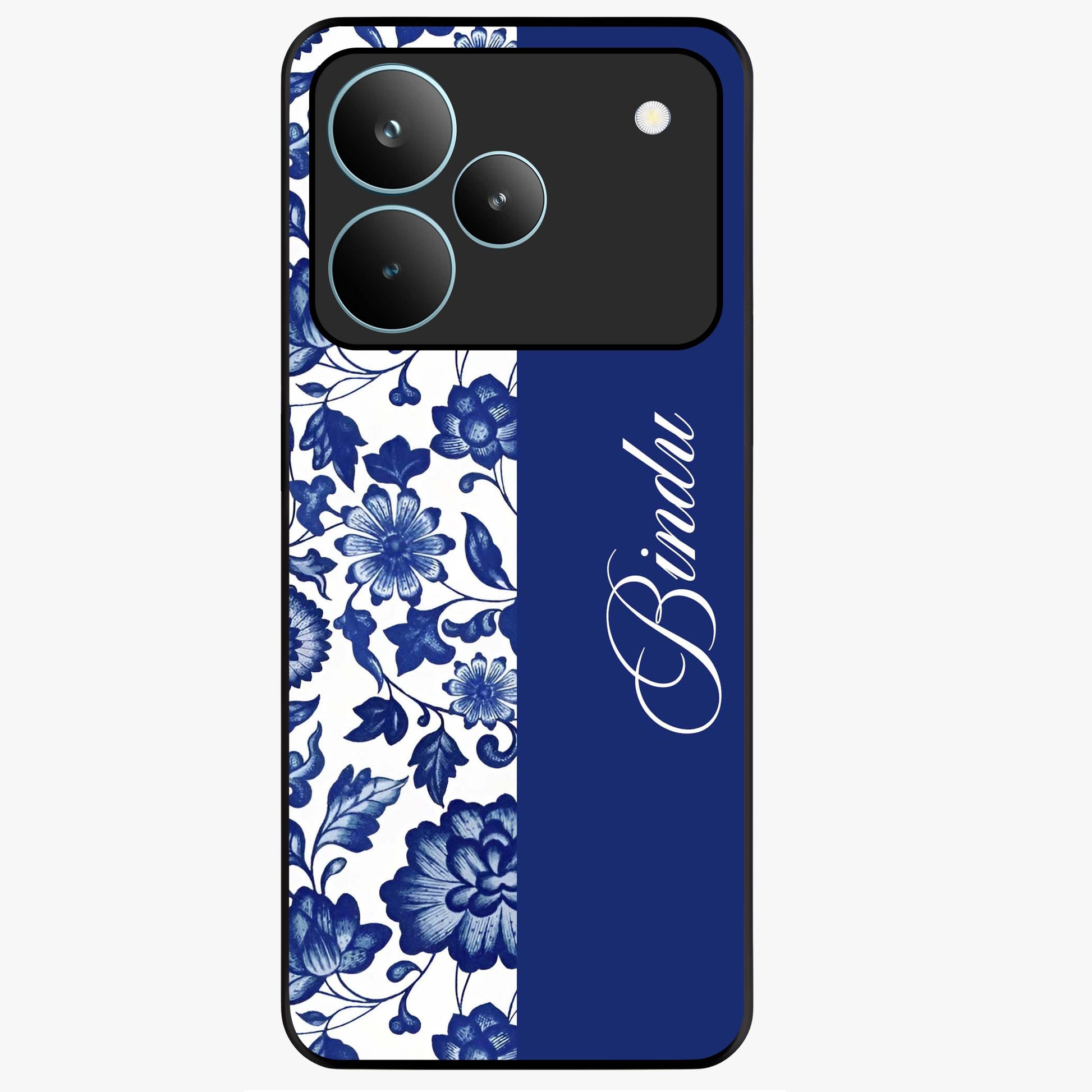 Blue Vintage Floral Pattern Glass Case upright view showcasing timeless floral illustration with vintage inspired style.