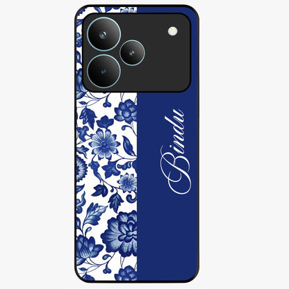 Blue Vintage Floral Pattern Glass Case upright view showcasing timeless floral illustration with vintage inspired style.