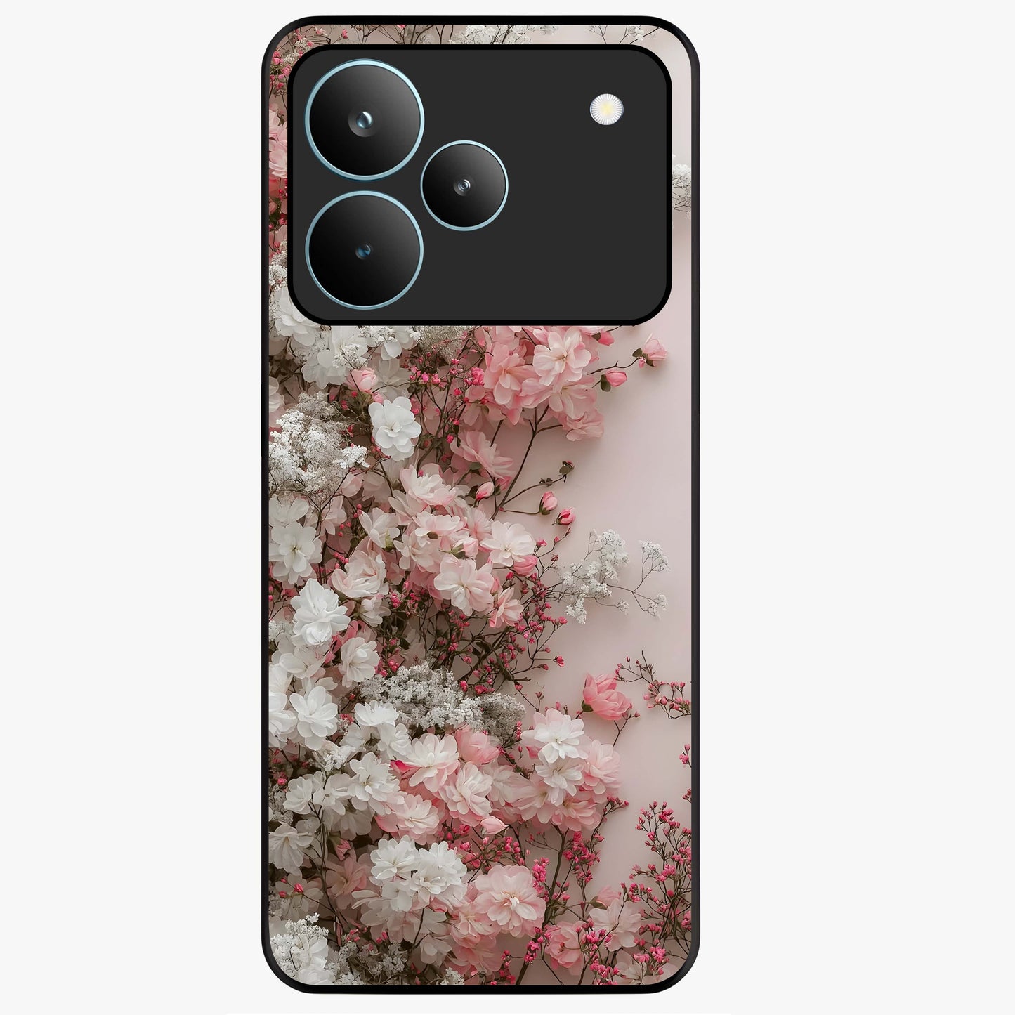 Blush Blossom Cloud Glass Case showing flat back view with dreamy blush cloud blossom artwork and glossy glass finish.