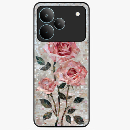 Blush Mosaic Bloom Glass Case showing flat back view with mosaic floral bloom artwork and glossy glass finish.