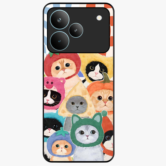 Cats in Fruits Glass Case showing flat back view with playful cat illustrations inside fruit artwork and glossy glass finish.