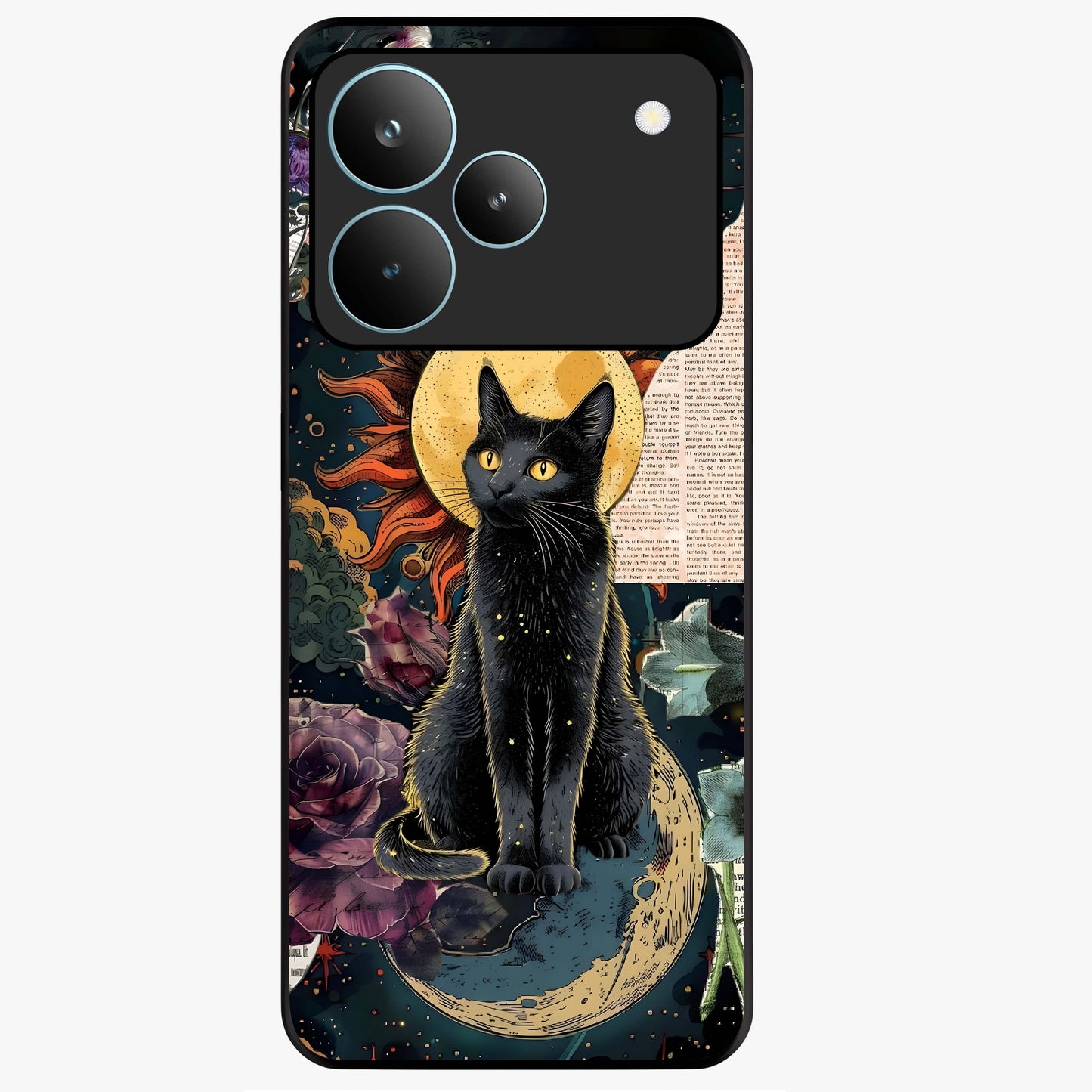 Celestial Black Cat Glass Case showing flat back view with mystical black cat artwork and glossy glass finish.