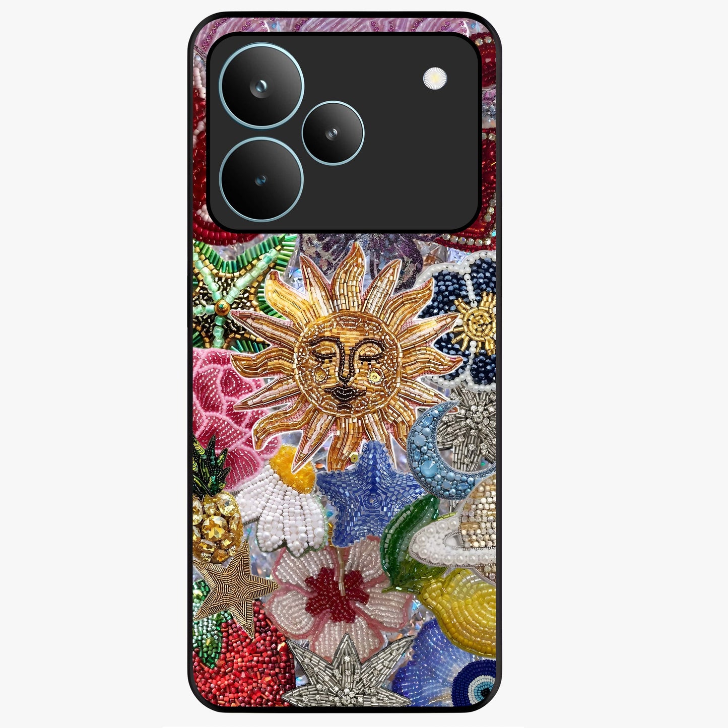 Celestial Floral and Playful Glass Case showing flat back view with floral and celestial themed artwork and glossy glass finish.