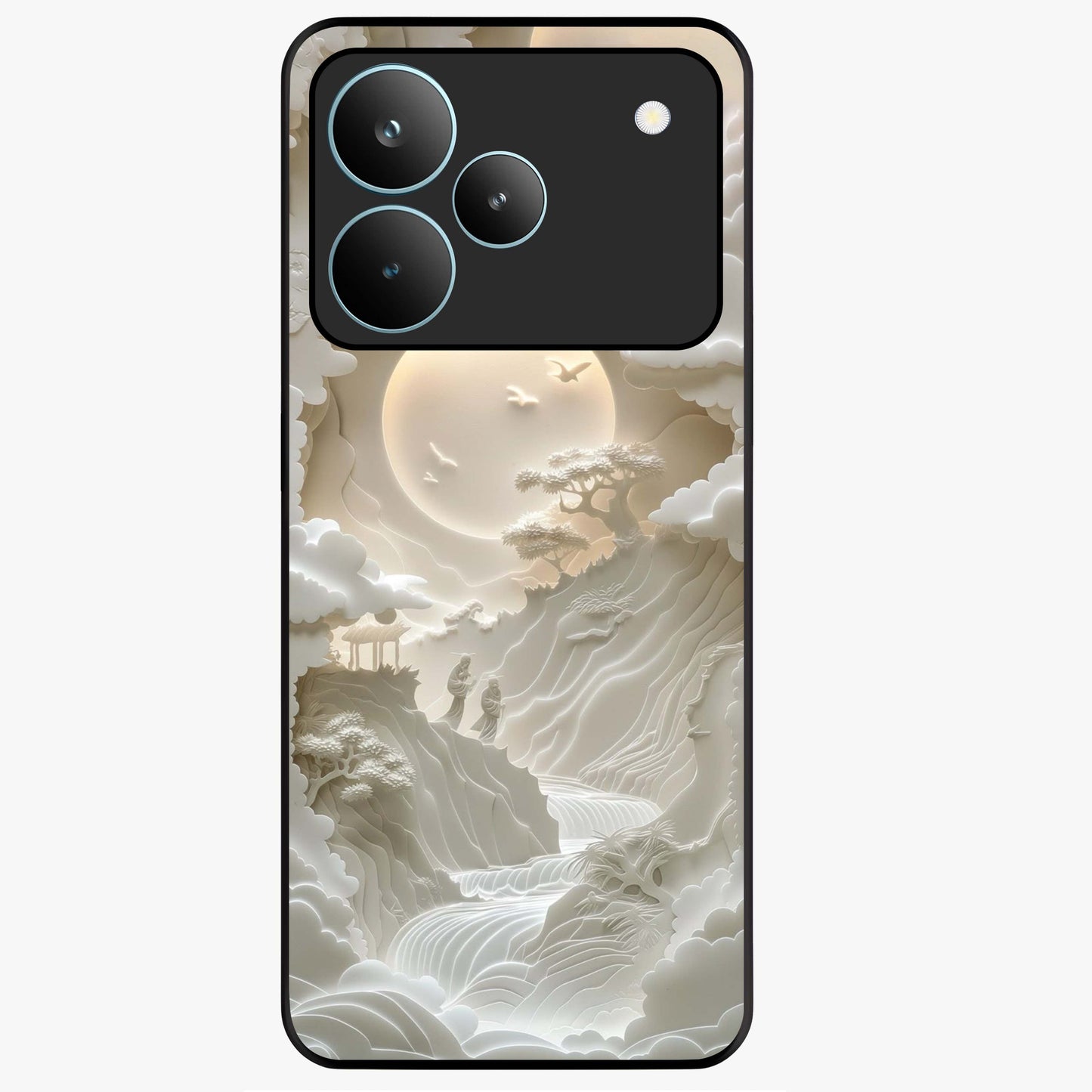 Celestial Origami Glass Case showing flat back view with artistic origami inspired celestial artwork and glossy glass finish.