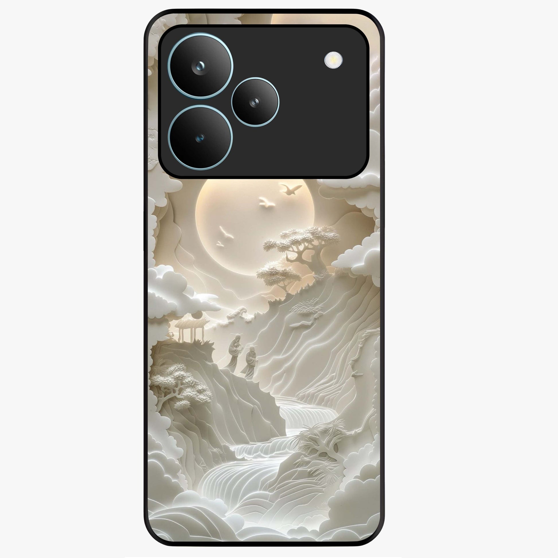 Celestial Origami Glass Case showing flat back view with artistic origami inspired celestial artwork and glossy glass finish.