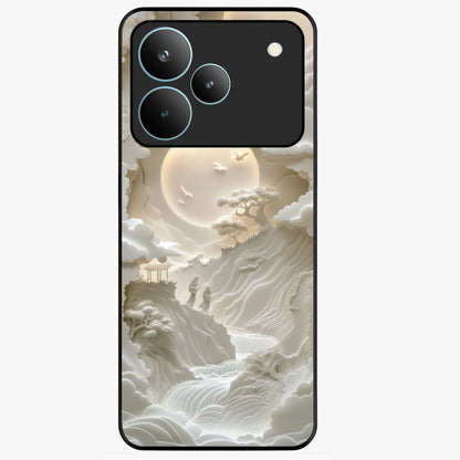 Celestial Origami Glass Case showing flat back view with artistic origami inspired celestial artwork and glossy glass finish.