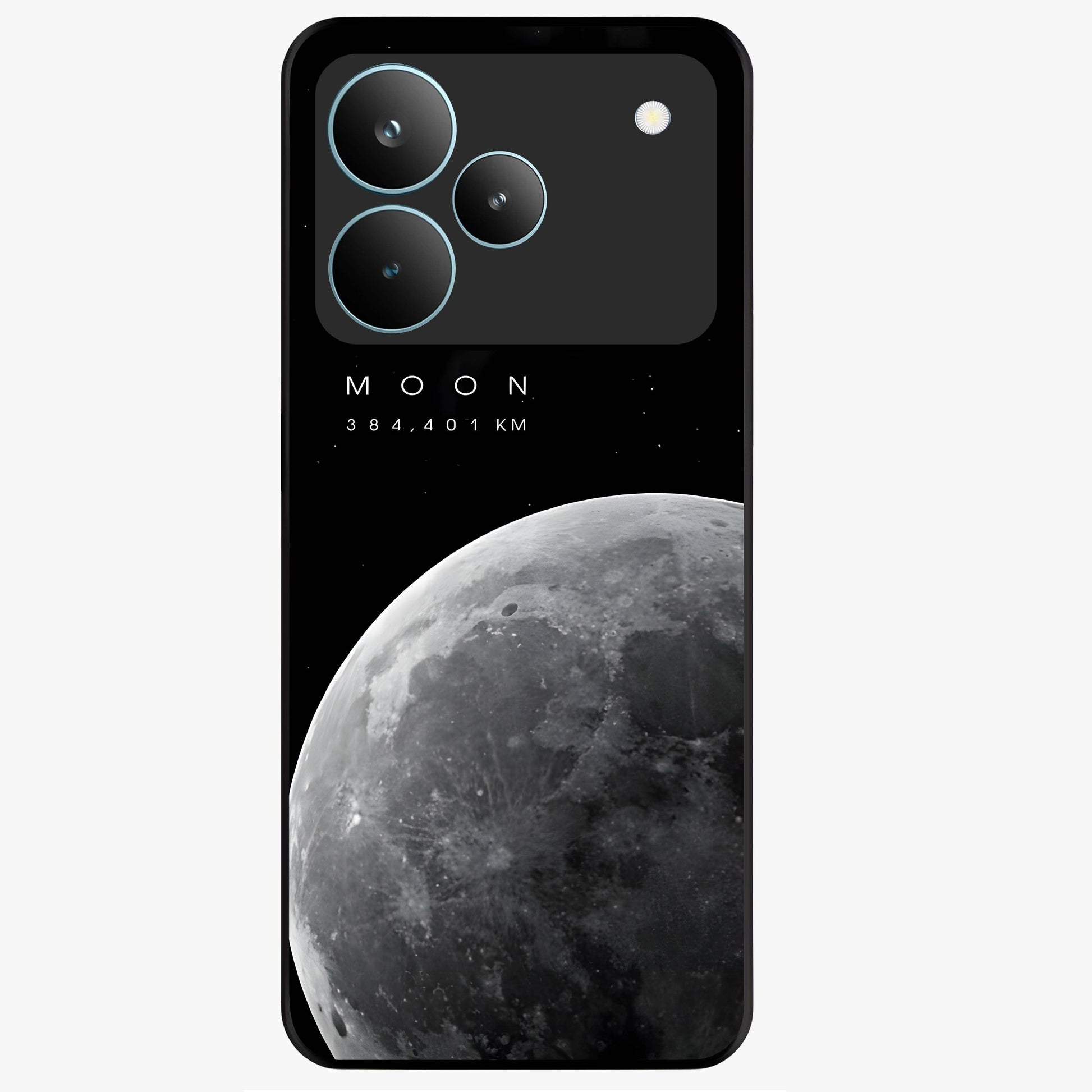 Cosmic Moon Glow Glass Case showing flat back view with glowing moon artwork and glossy glass finish.