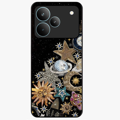 Cosmic Sparkle Dreams Glass Case showing flat back view with sparkling cosmic artwork and glossy glass finish.