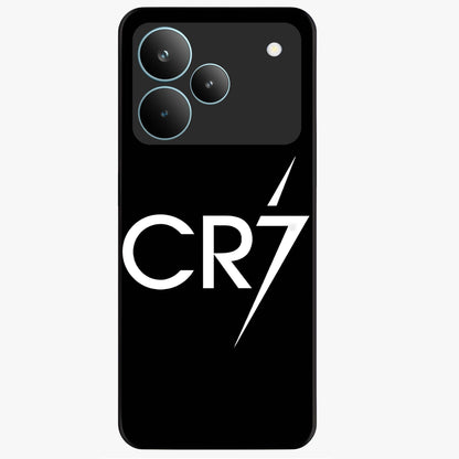 Cr7 Elite Strike Glass Case showing flat back view with dynamic football inspired artwork and glossy glass finish.