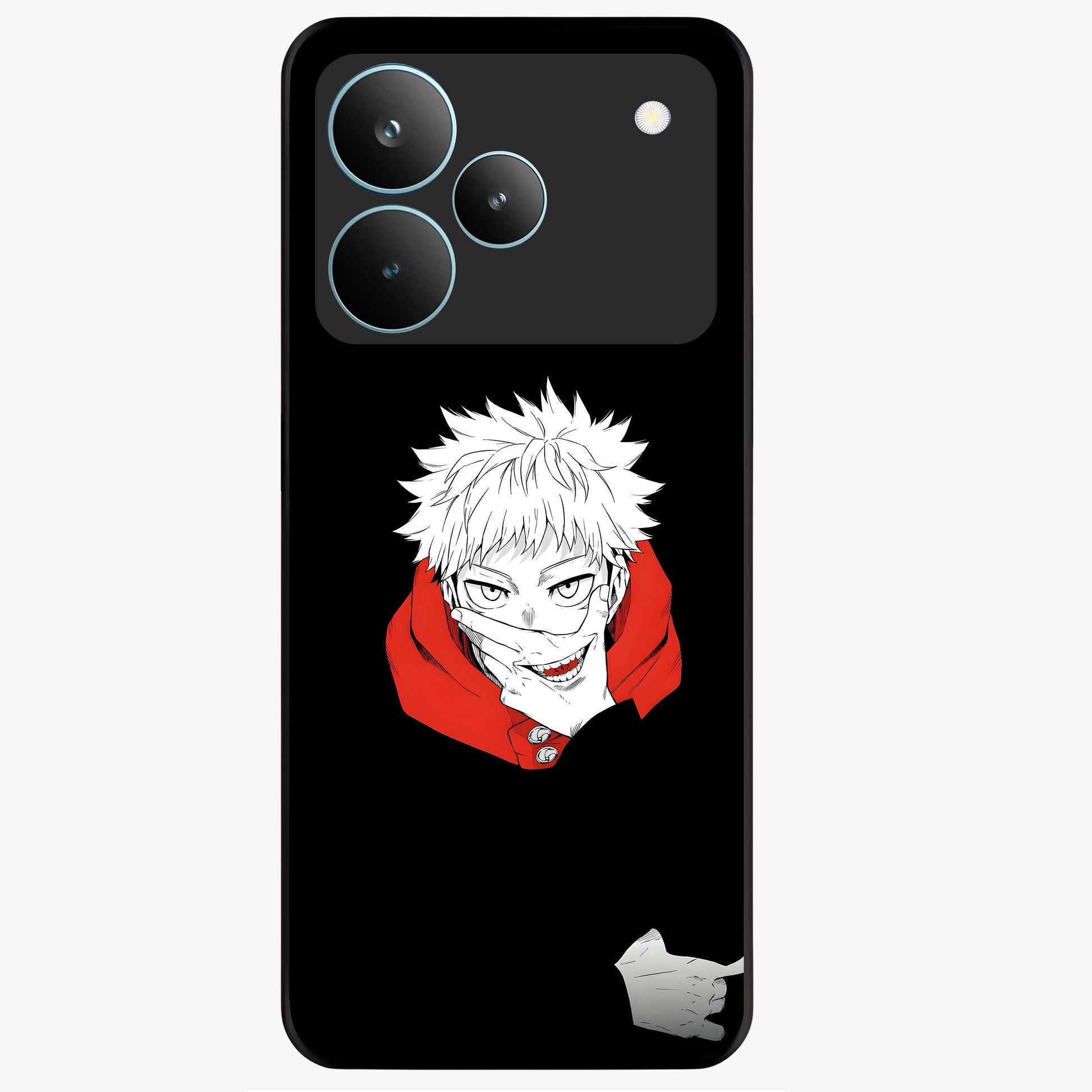 Crimson Chaos Smile Glass Case showing flat back view with bold chaotic smile artwork and glossy glass finish.