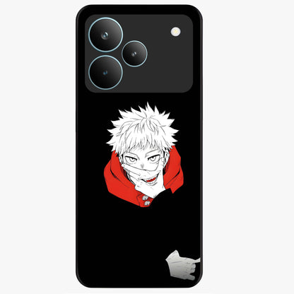 Crimson Chaos Smile Glass Case showing flat back view with bold chaotic smile artwork and glossy glass finish.