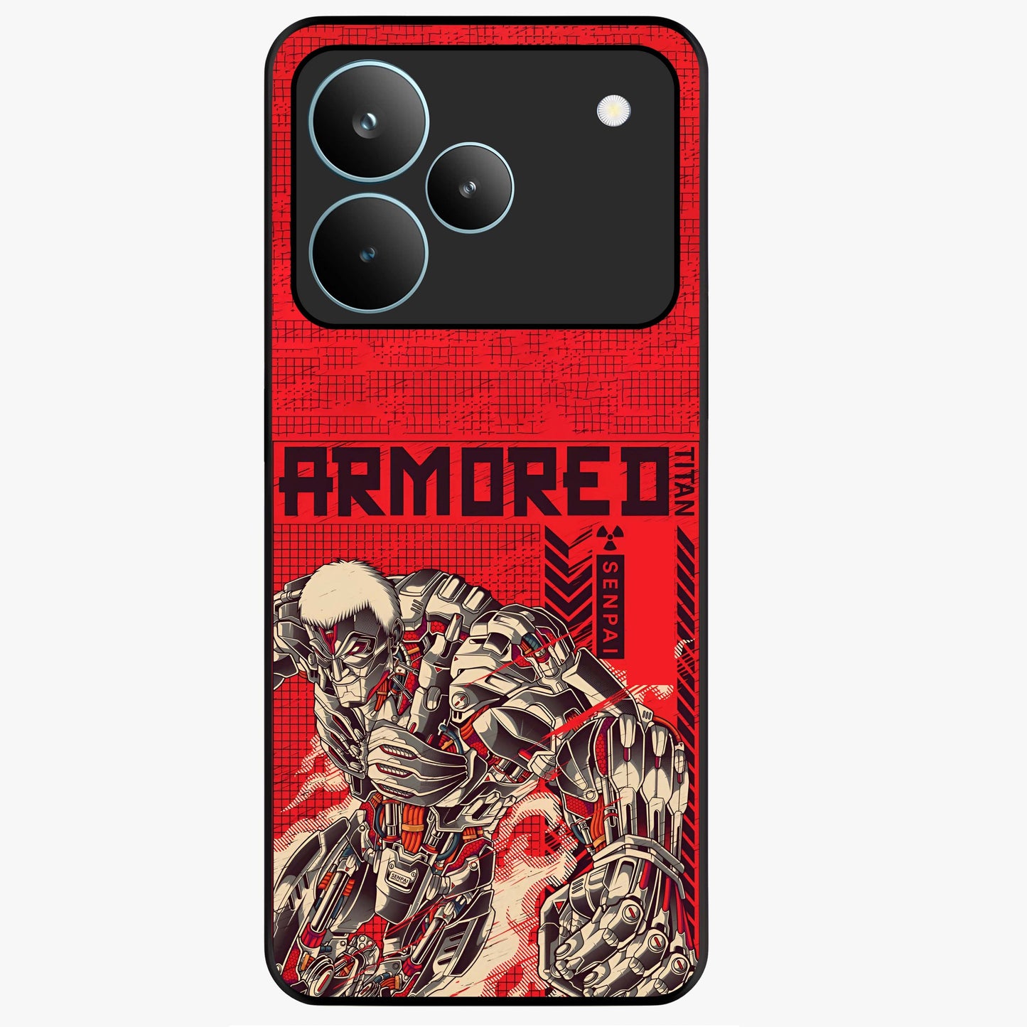 Crimson Mecha Titan Glass Case showing flat back view with powerful mech titan artwork and glossy glass finish.