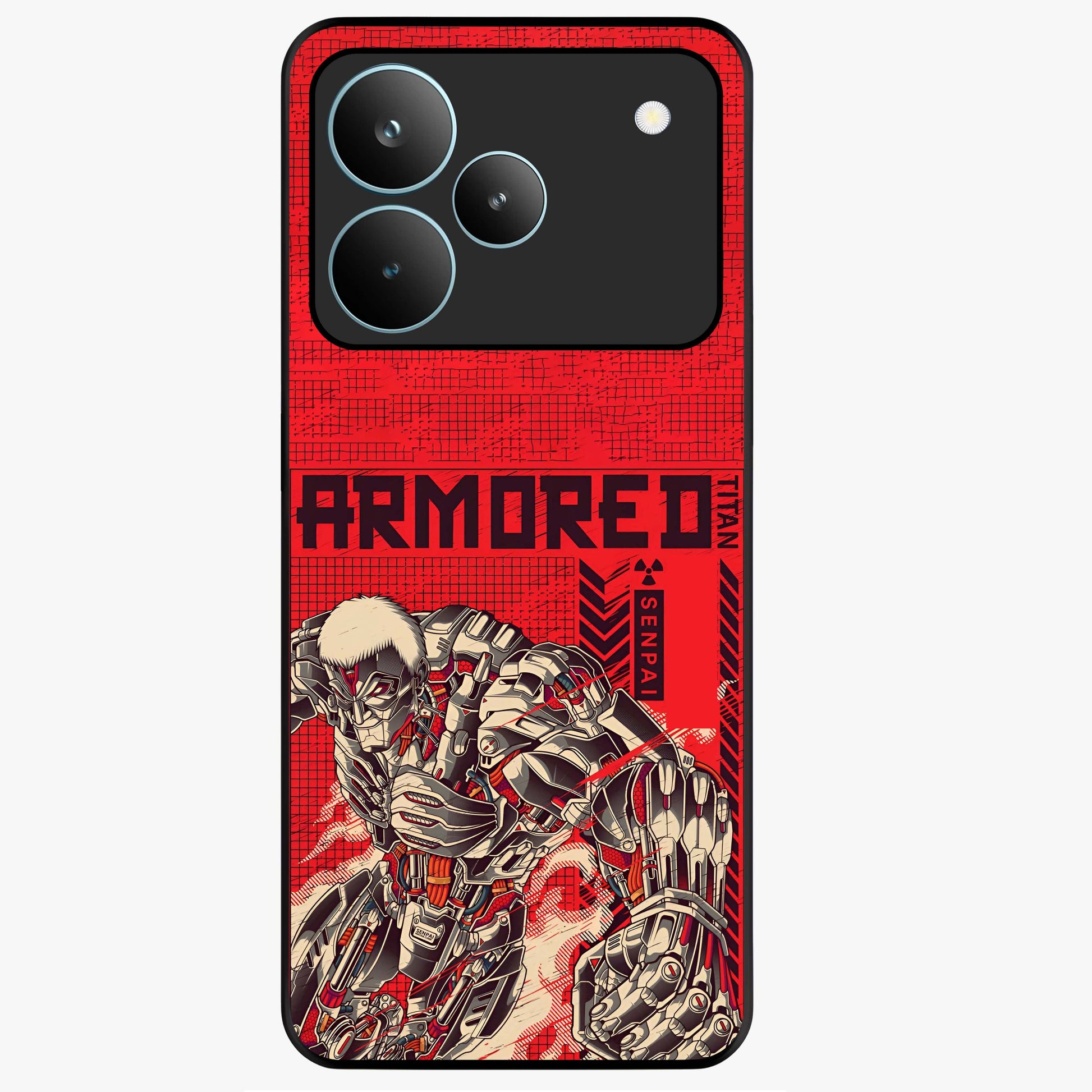 Crimson Mecha Titan Glass Case showing flat back view with powerful mech titan artwork and glossy glass finish.