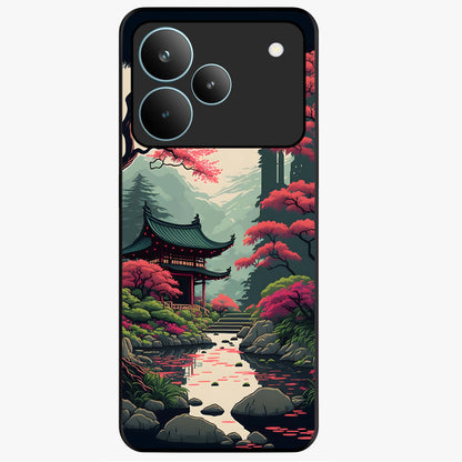 Crimson Temple View Glass Case showing flat back view with temple inspired artwork and glossy glass finish.