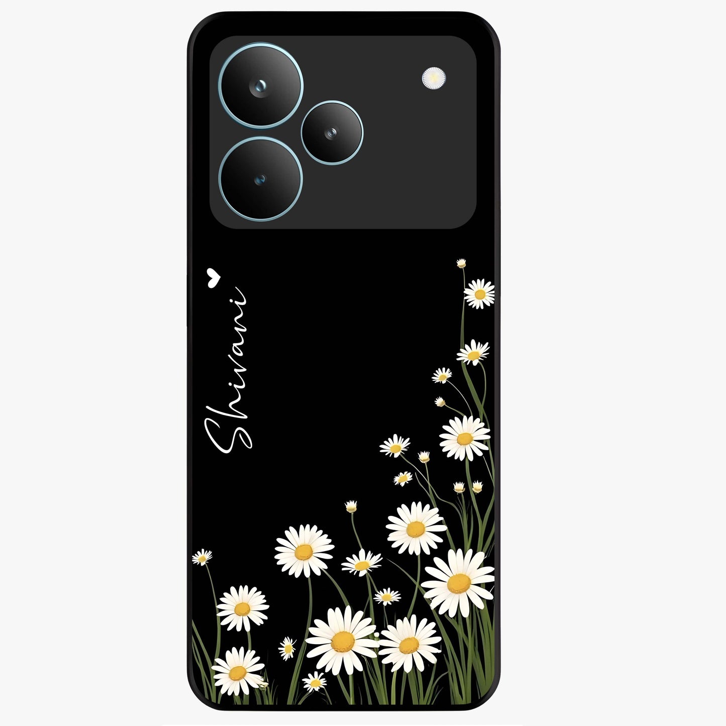 Daisy Cascade Custom Name Glass Case showing flat back view with cascading daisy flowers and personalized name design.