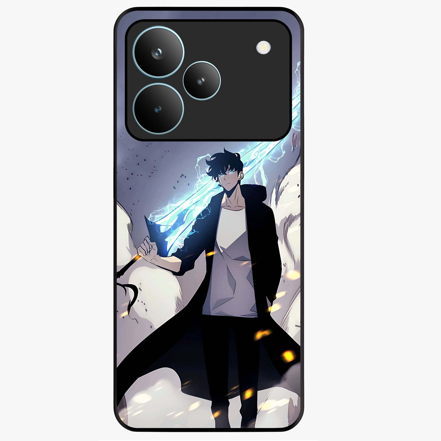 Dark Lightning Anime Warrior Glass Case showing flat back view with intense anime warrior artwork and glossy glass finish.