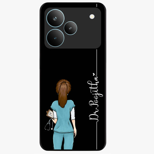 Doctor Pattern Custom Name Glass Case showing flat back view with medical themed pattern and personalized name design.