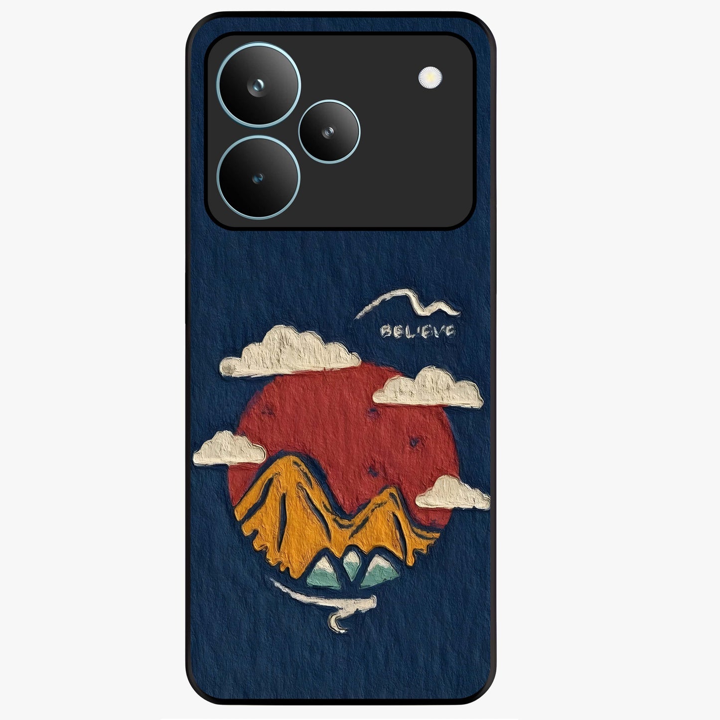 Dream Beyond Mountains Glass Case showing flat back view with scenic mountain landscape artwork and glossy glass finish.