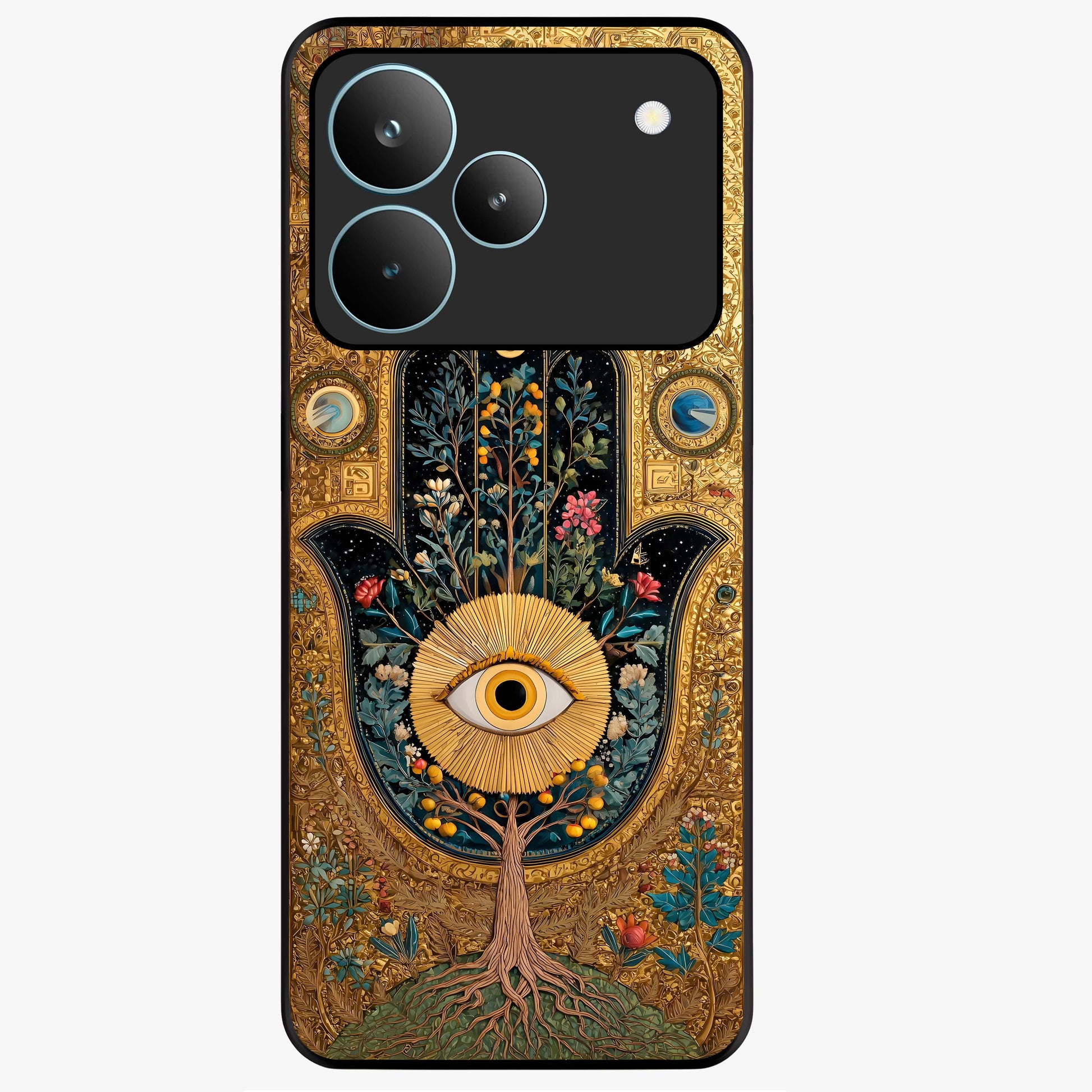 Ethereal Evil Eye Glass Case showing flat back view with mystical evil eye artwork and glossy glass finish.