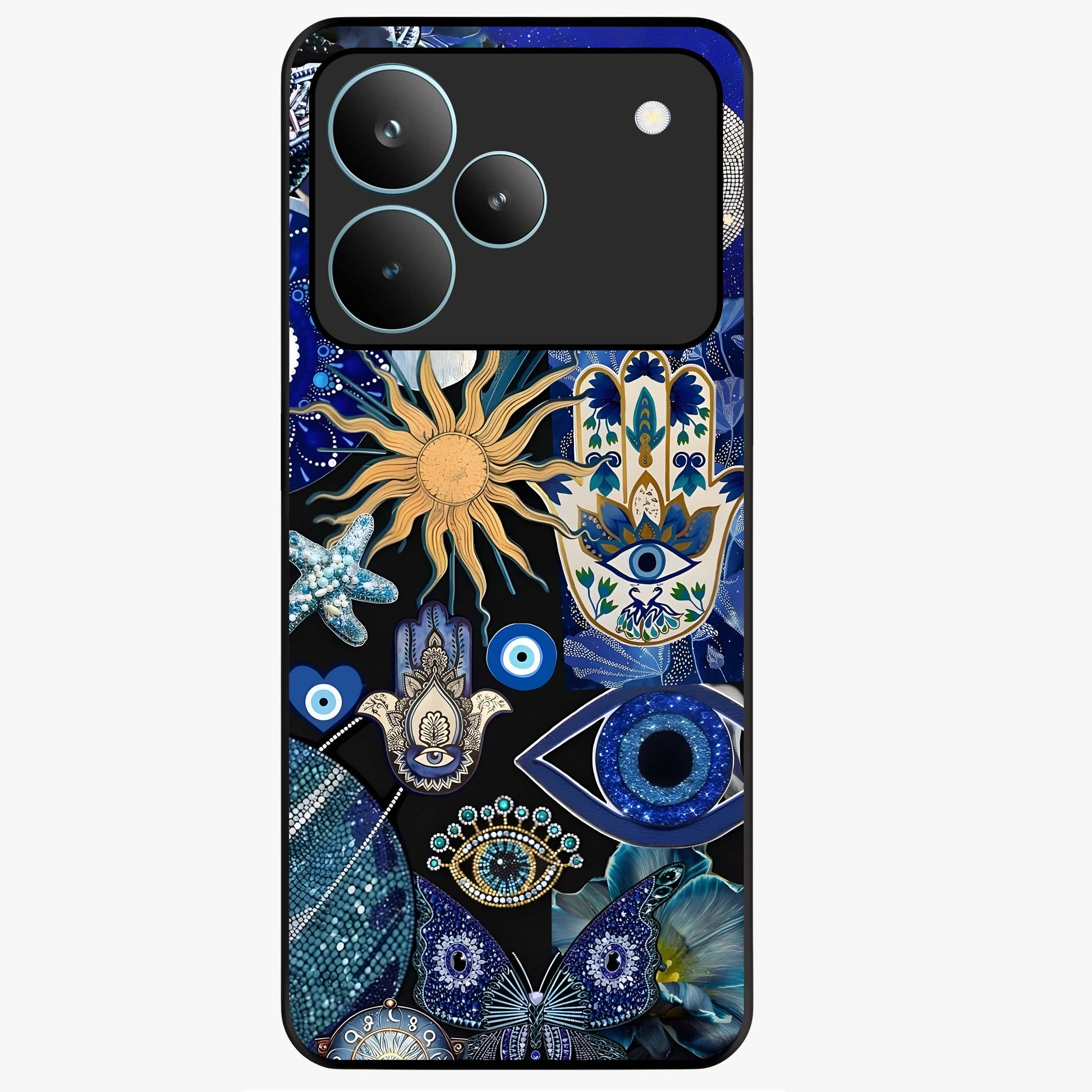 Evil Eye Charm Mix Glass Case showing flat back view with multiple evil eye charms artwork and glossy glass finish.