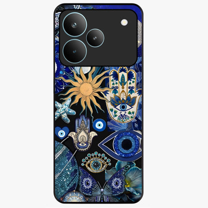 Evil Eye Charm Mix Glass Case showing flat back view with multiple evil eye charms artwork and glossy glass finish.
