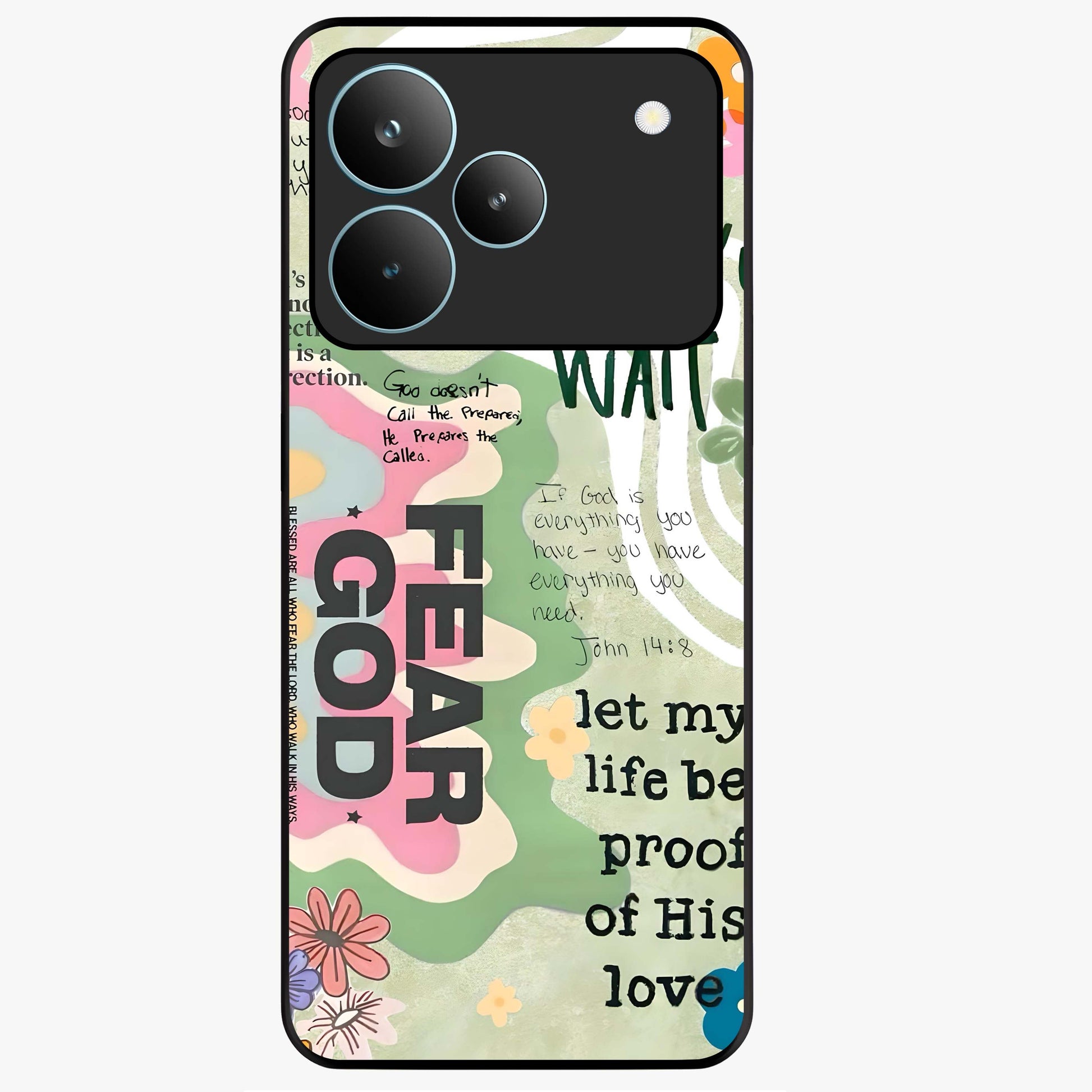 Faith Over Fear Glass Case showing flat back view with motivational typography artwork and glossy glass finish.