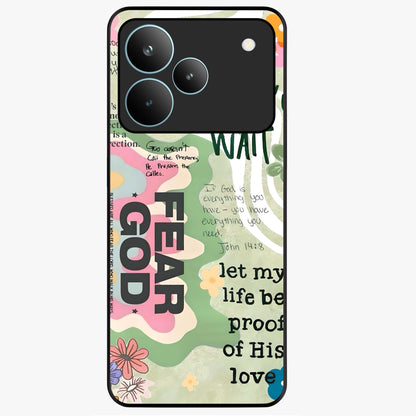 Faith Over Fear Glass Case showing flat back view with motivational typography artwork and glossy glass finish.