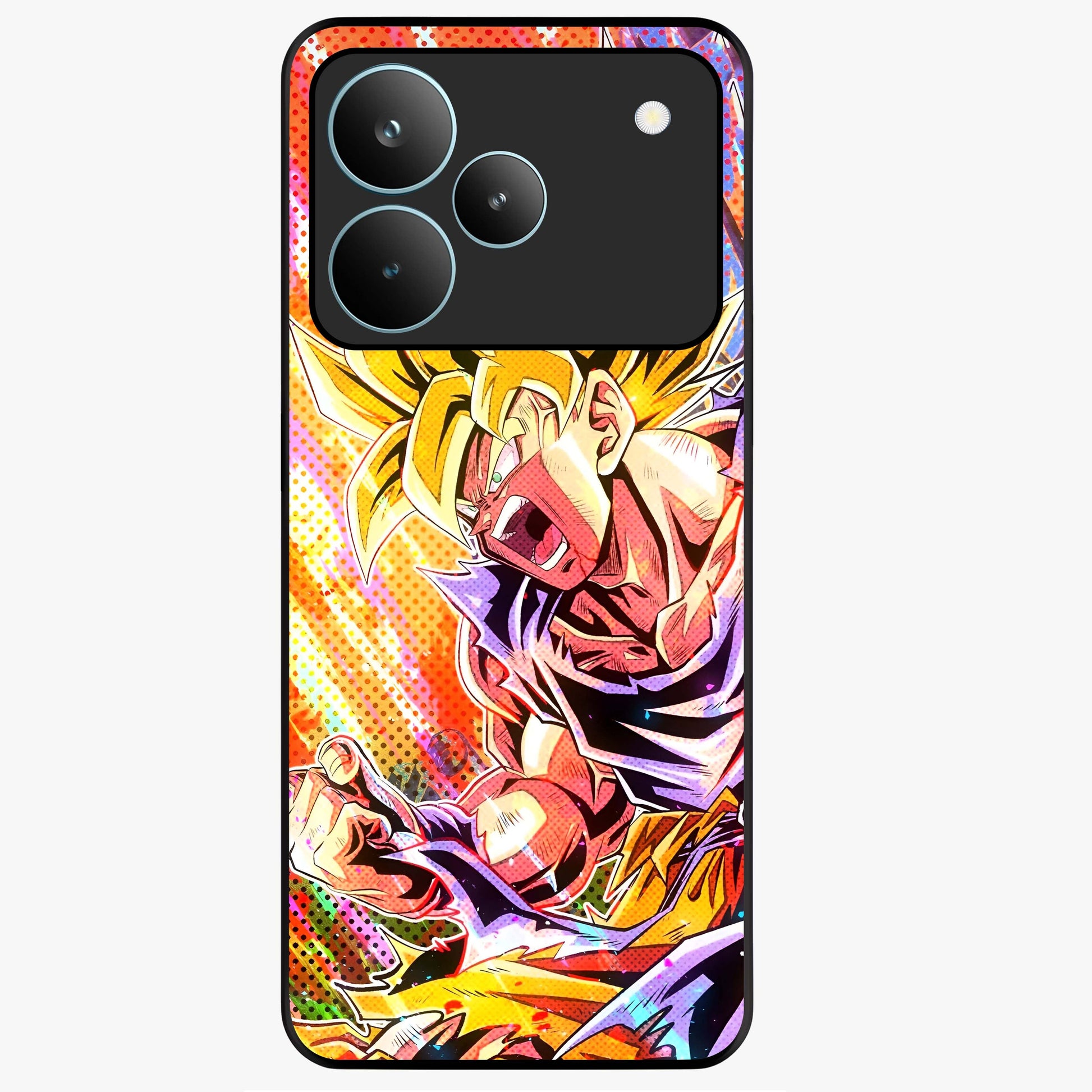 Firing Goku Glass Case showing flat back view with powerful anime inspired artwork and glossy glass finish.