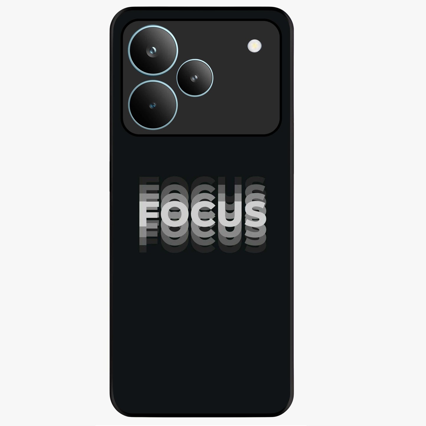 Focus Mode On Glass Case showing flat back view with bold motivational typography design and glossy glass finish.