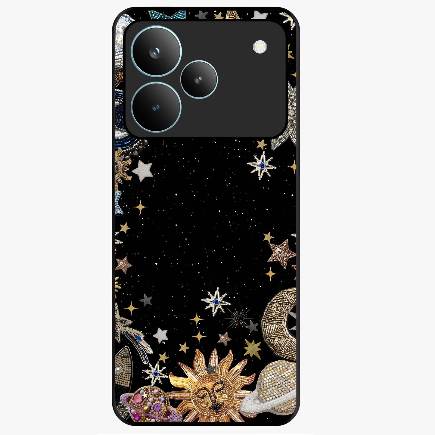 Galactic Jewel Stars Glass Case showing flat back view with sparkling star jewel artwork and glossy glass finish.