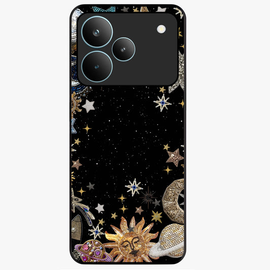 Galactic Jewel Stars Glass Case showing flat back view with sparkling star jewel artwork and glossy glass finish.