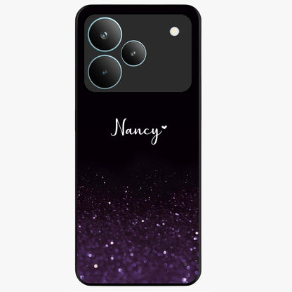 Glittery Purple Bokeh Custom Name Glass Case showing flat back view with purple bokeh sparkle artwork and personalized name design.