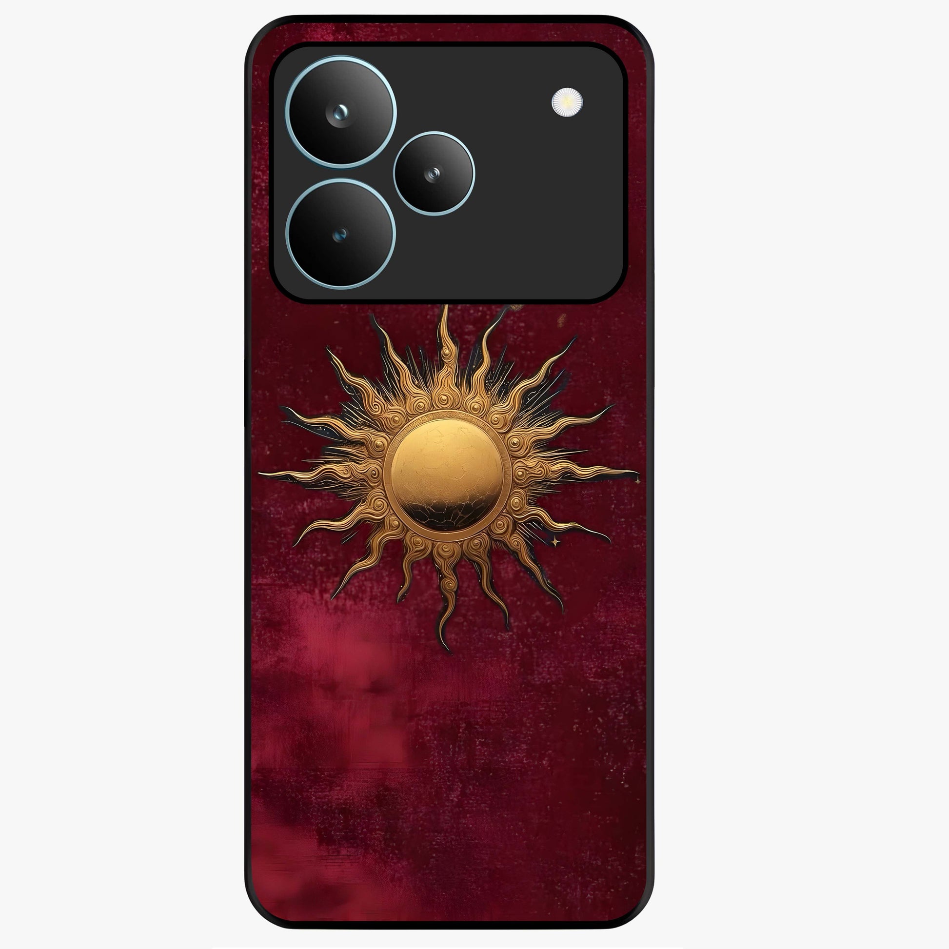 Gold Sun Blush Glass Case showing flat back view with golden sun inspired artwork and glossy glass finish.