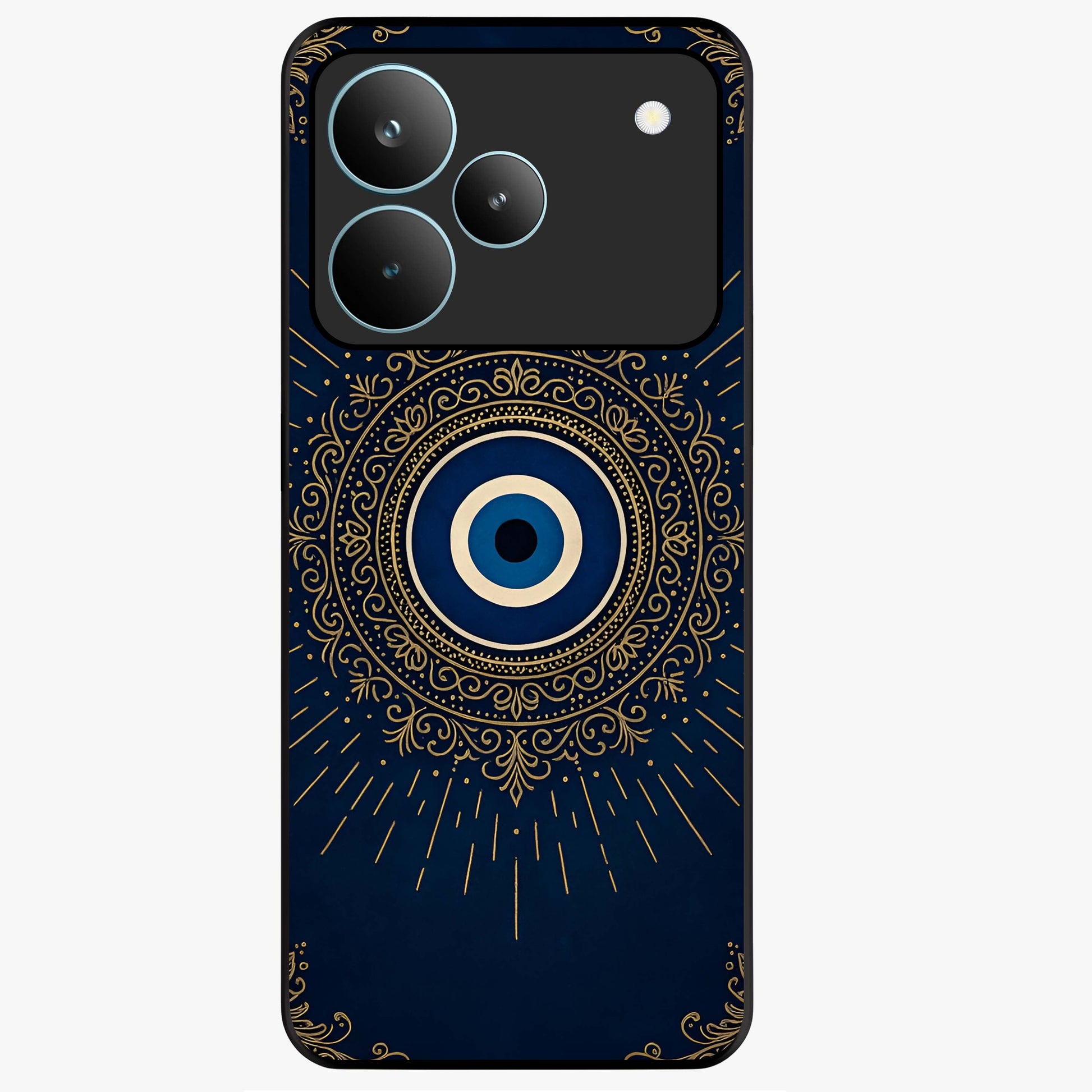 Golden Evil Eye Mandala Glass Case showing flat back view with intricate evil eye mandala artwork and glossy glass finish.