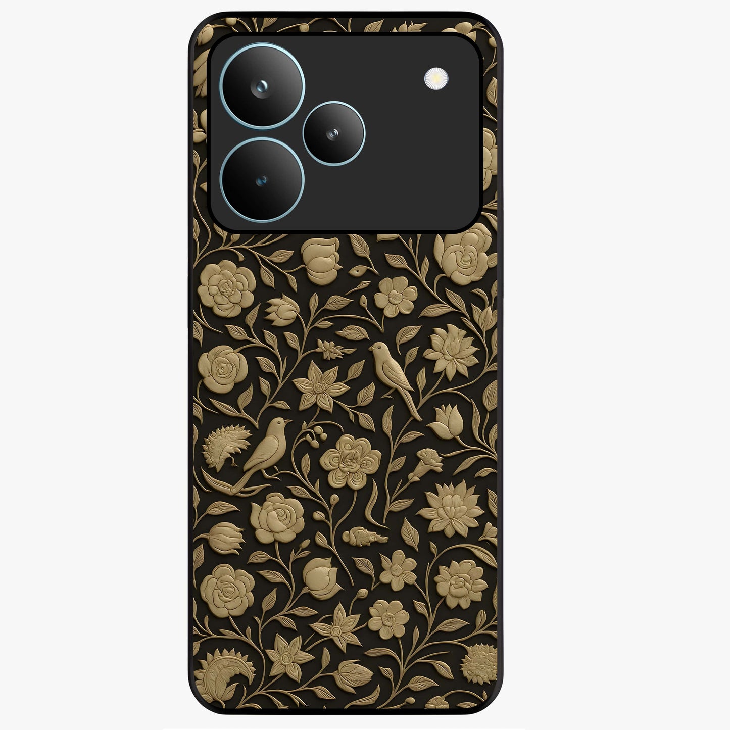 Golden Floral Majesty Glass Case showing flat back view with luxurious golden floral artwork and glossy glass finish.