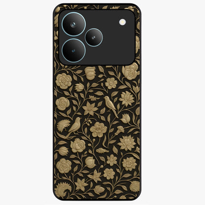 Golden Floral Majesty Glass Case showing flat back view with luxurious golden floral artwork and glossy glass finish.