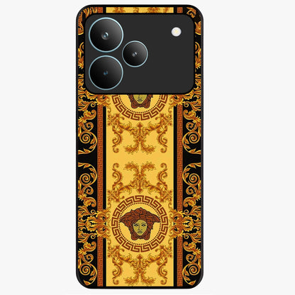 Golden Royal Heritage Glass Case showing flat back view with ornate royal pattern artwork and glossy glass finish.