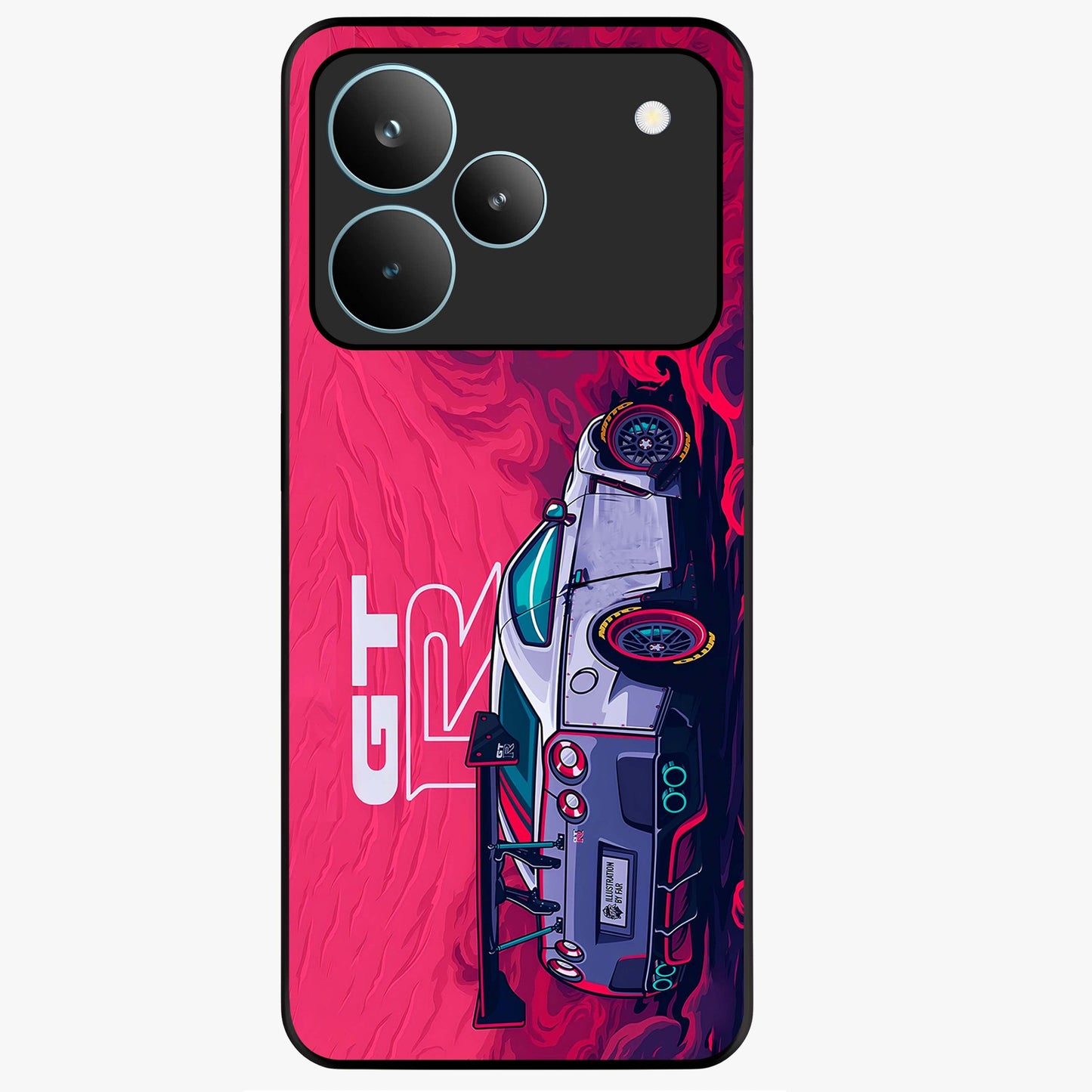 GT-R Car Pattern Glass Case showing flat back view with sporty car inspired pattern artwork and glossy glass finish.