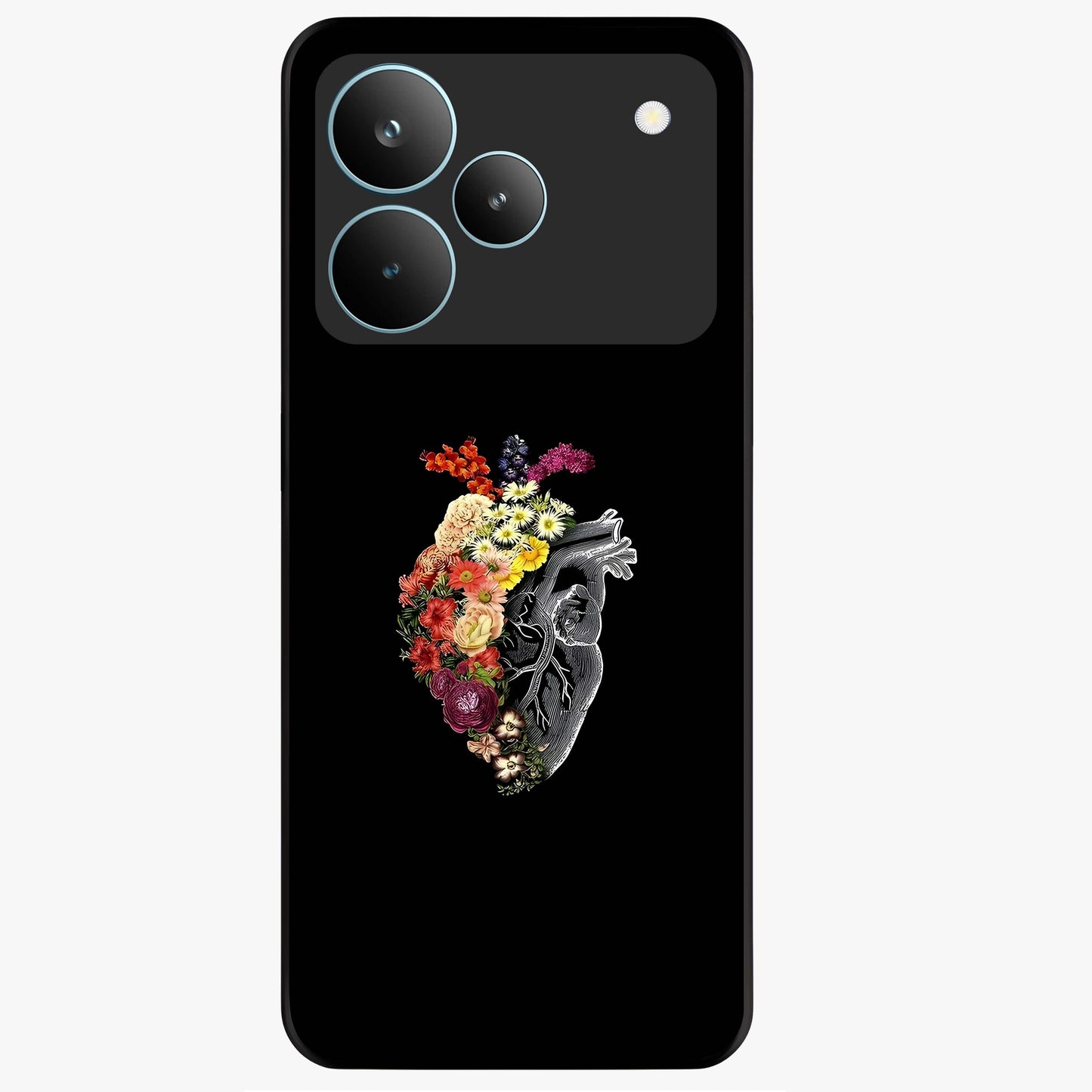 Heart With Flowers Glass Case showing flat back view with heart shaped floral artwork and glossy glass finish.