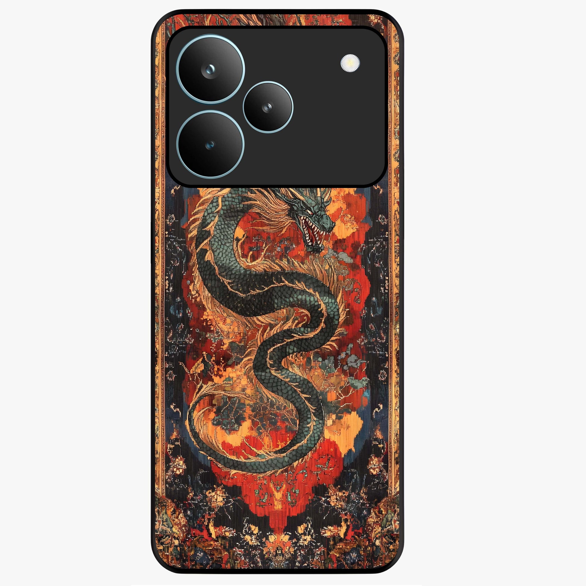 Inferno Dragon Soul Glass Case showing flat back view with fiery dragon artwork and glossy glass finish.