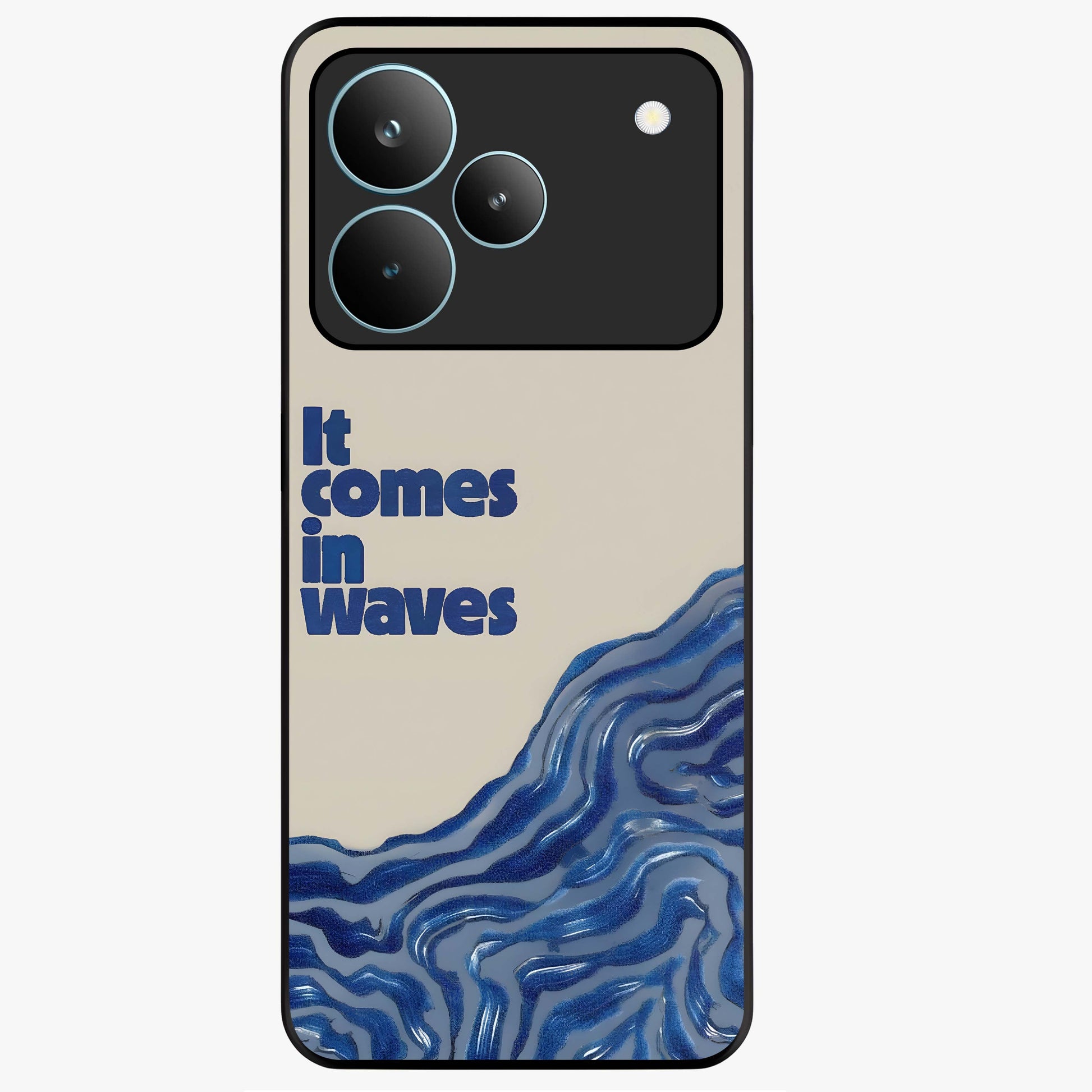 It Comes In Waves Quote Glass Case showing flat back view with inspirational wave themed quote artwork and glossy glass finish.