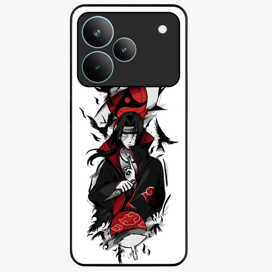 Itachi Sharingan Glass Case showing flat back view with powerful anime eye artwork and glossy glass finish.