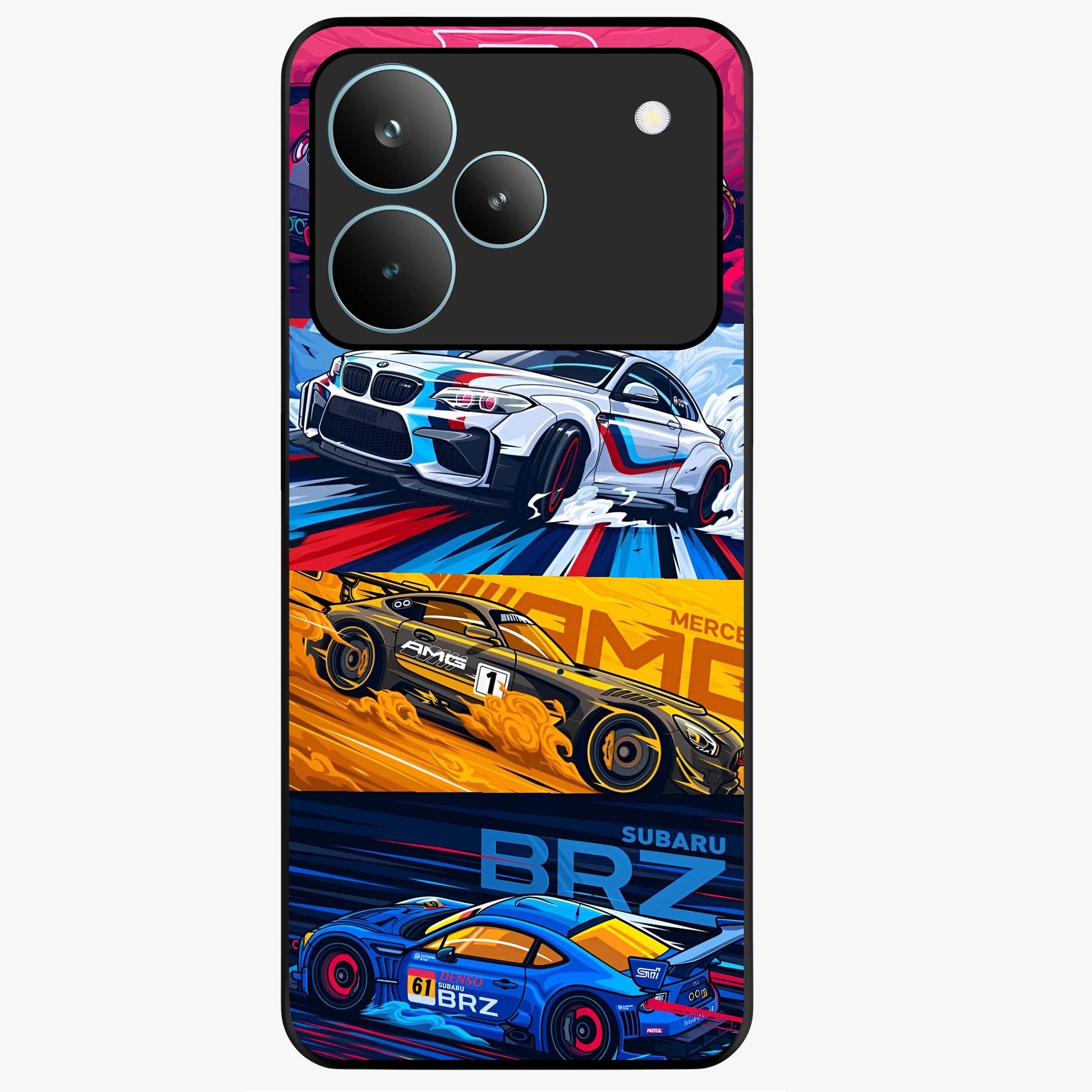 JDM Sports Car Glass Case showing flat back view with high performance sports car artwork and glossy glass finish.