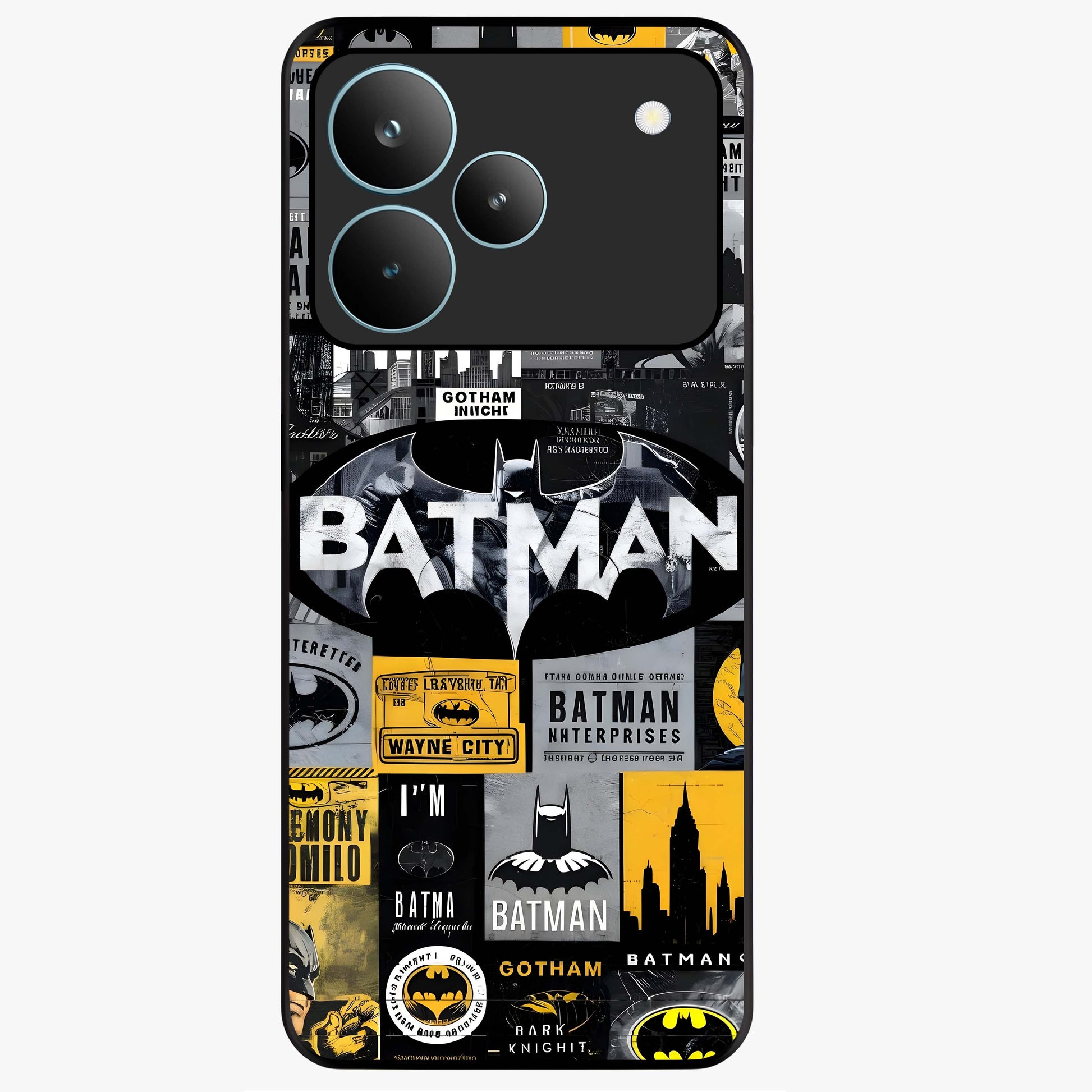 Knight Gotham Rise Glass Case showing flat back view with dark hero inspired artwork and glossy glass finish.