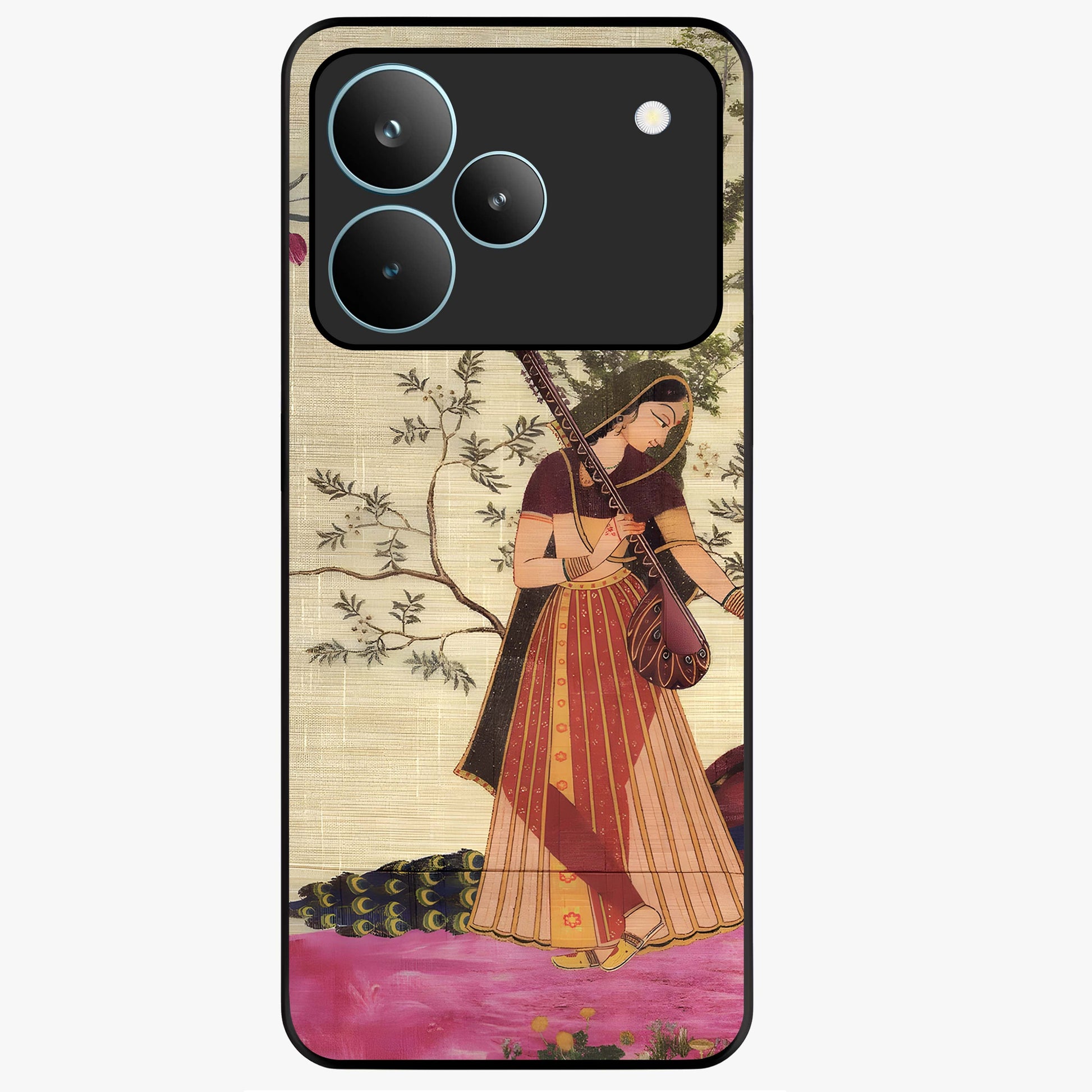Lady With Veena Art Glass Case showing flat back view with elegant woman playing veena artwork and glossy glass finish.
