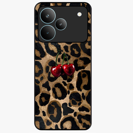 Leopard Wild Cherry Glass Case showing flat back view with leopard pattern and cherry artwork and glossy glass finish.