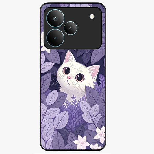 Lilac Hide Peek Cat Glass Case showing flat back view with cute peeking cat artwork and glossy glass finish.