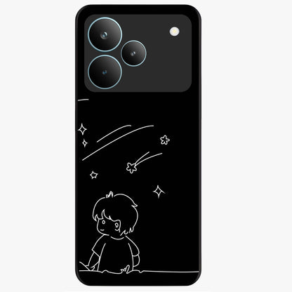 Line Art Boy With Shooting Stars Glass Case showing flat back view with minimal line art boy and shooting stars illustration and glossy glass finish.