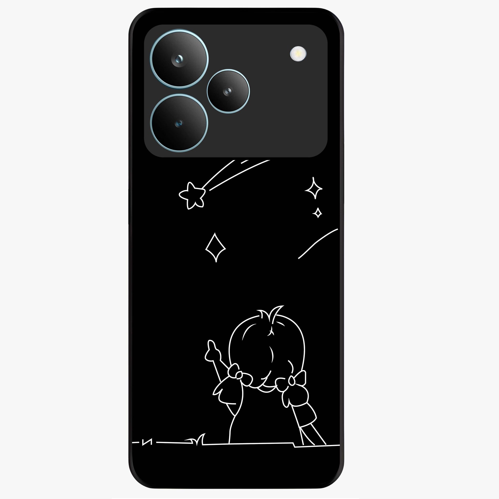 Line Art Girl With Shooting Stars Glass Case showing flat back view with minimal line art girl and shooting stars illustration and glossy glass finish.