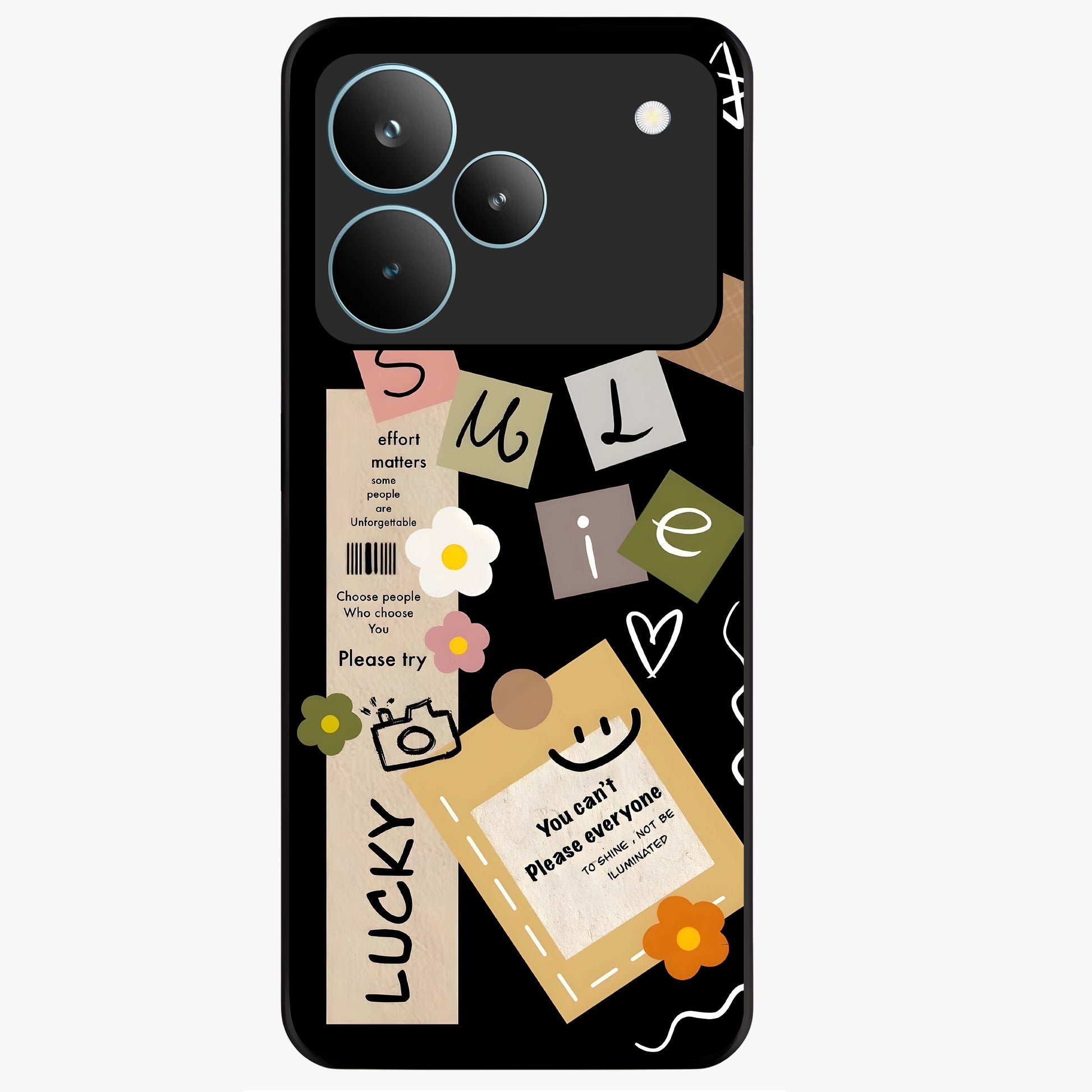 Lucky Aesthetic Collage Glass Case showing flat back view with trendy aesthetic collage artwork and glossy glass finish.